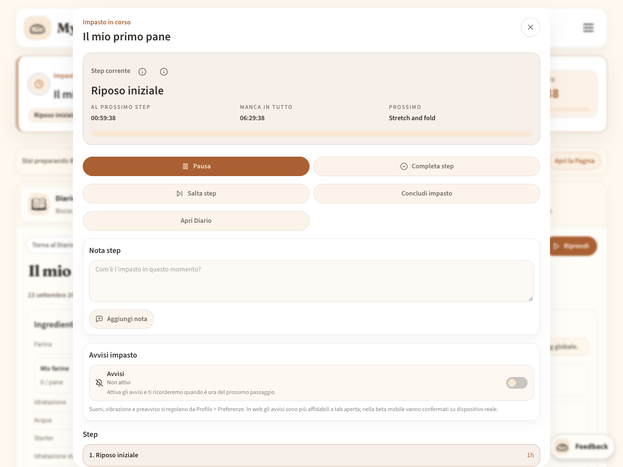 Impasto in corso con timer, prossimo passaggio e controlli