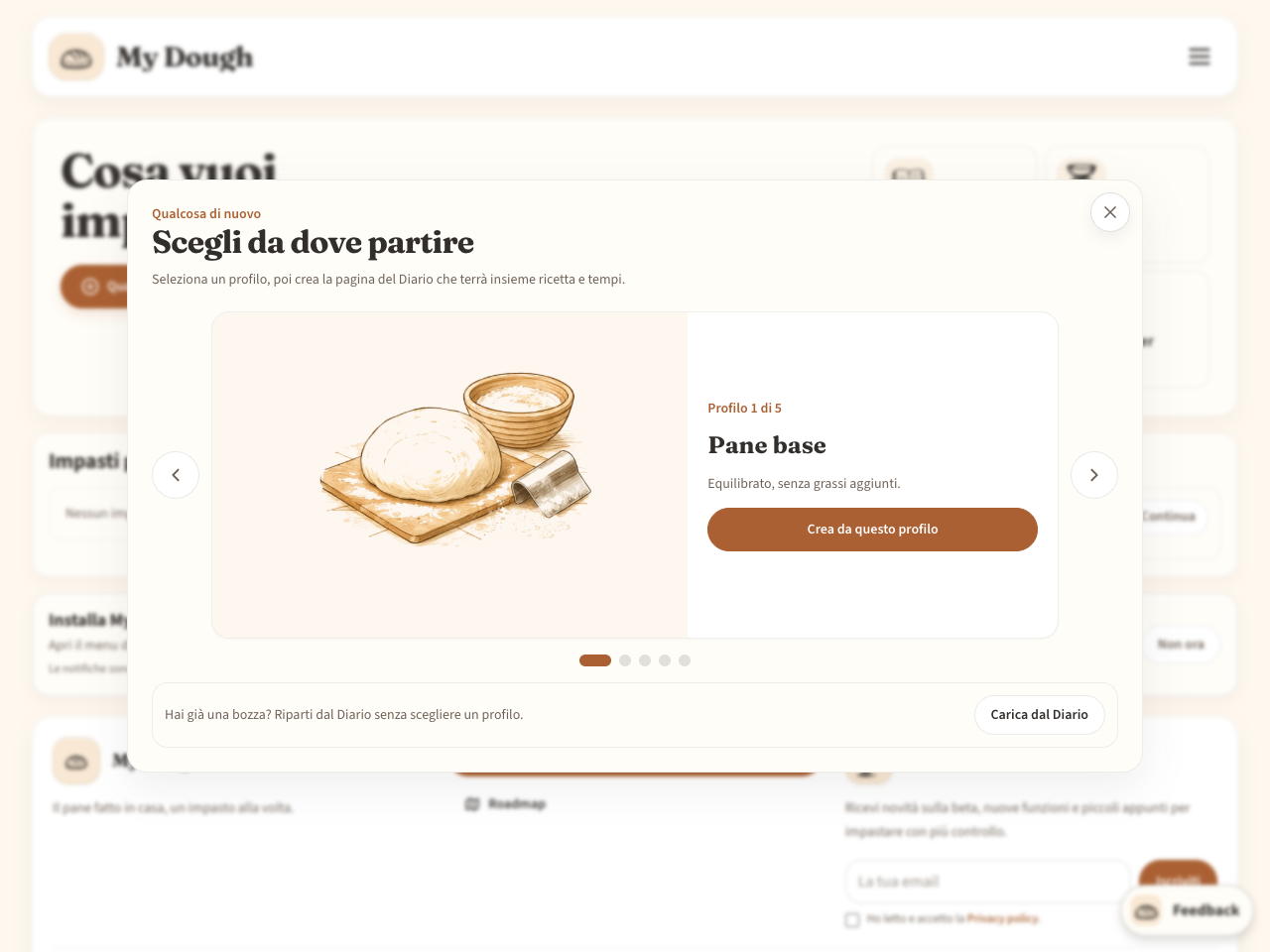 Scelta del profilo Pane base per creare una pagina del Diario