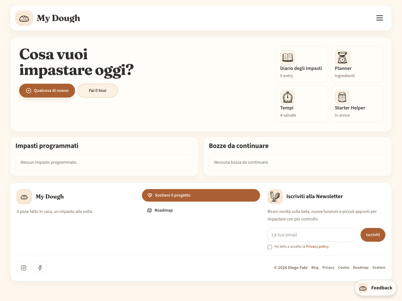 Home di My Dough con il pulsante Qualcosa di nuovo