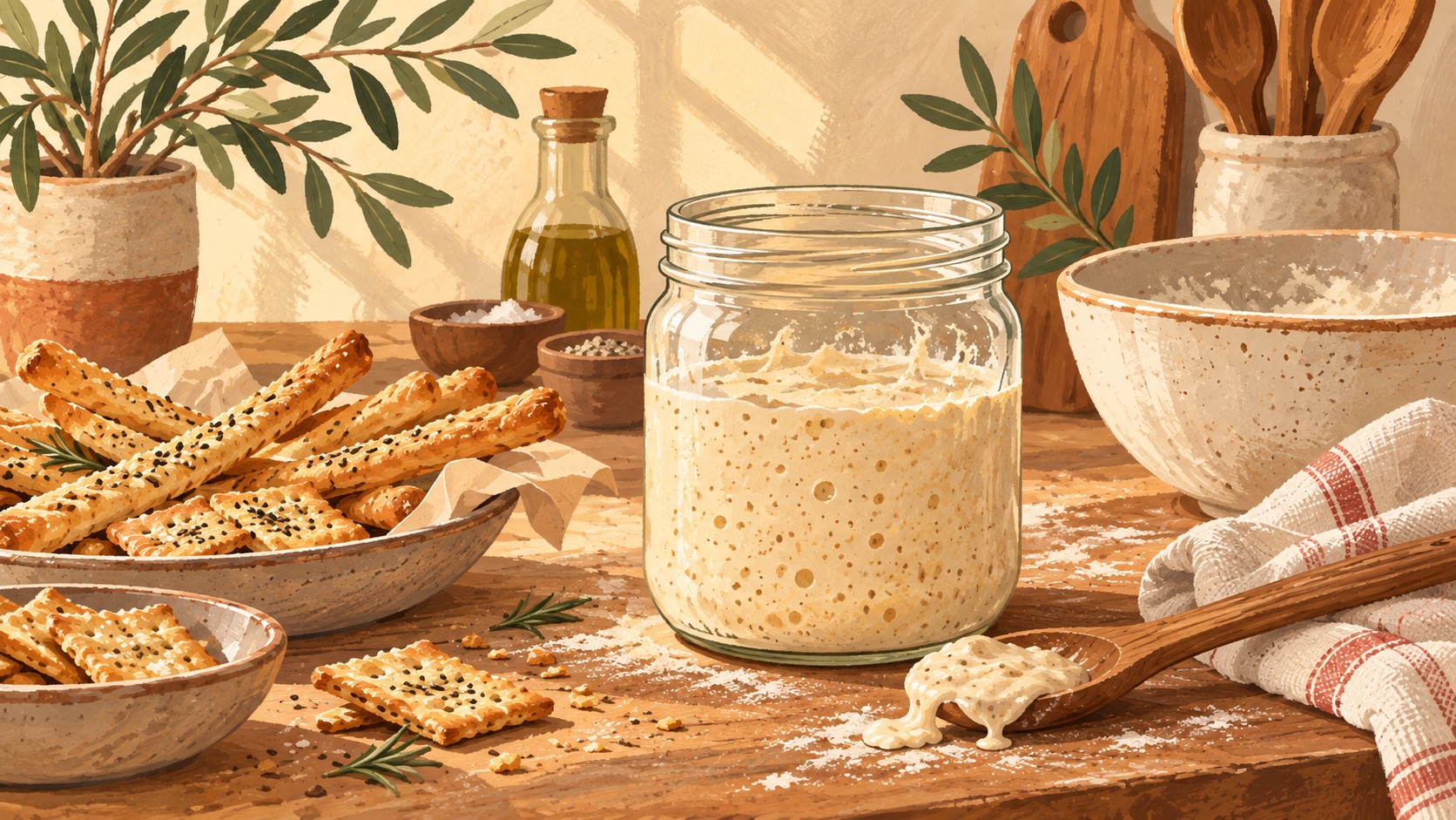 Barattolo di esubero di lievito madre accanto a grissini e crackers su un banco da cucina.